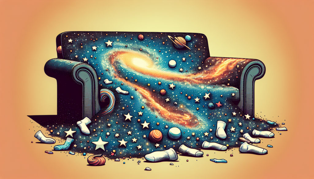 BLOG IMAGE ENTROPY MESSY ROOMATE 2 Sofa with Universe image on top with socks and other mess on the yellow floor and background.