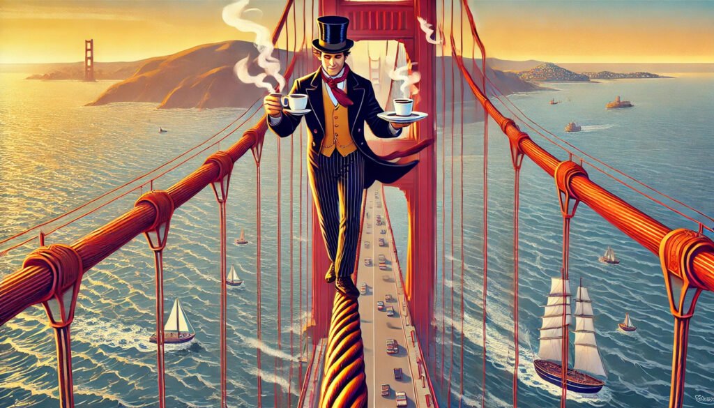 Wide aspect ratio. An illustration in the style of the New Yorker magazine of a well dressed man in an top had walking on the Golden Gate Bride while holding two cups of coffee. POV is from above and we can see him balancing on main cables of the Golden Gate Bridge and we can see the beautiful ocean, and bay below, with boats. We can see the Sun in the distance.