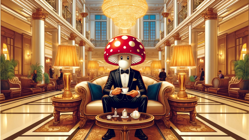 MUSHROOM MAN DRINKING COFFEE IN A HOTEL LOBBY