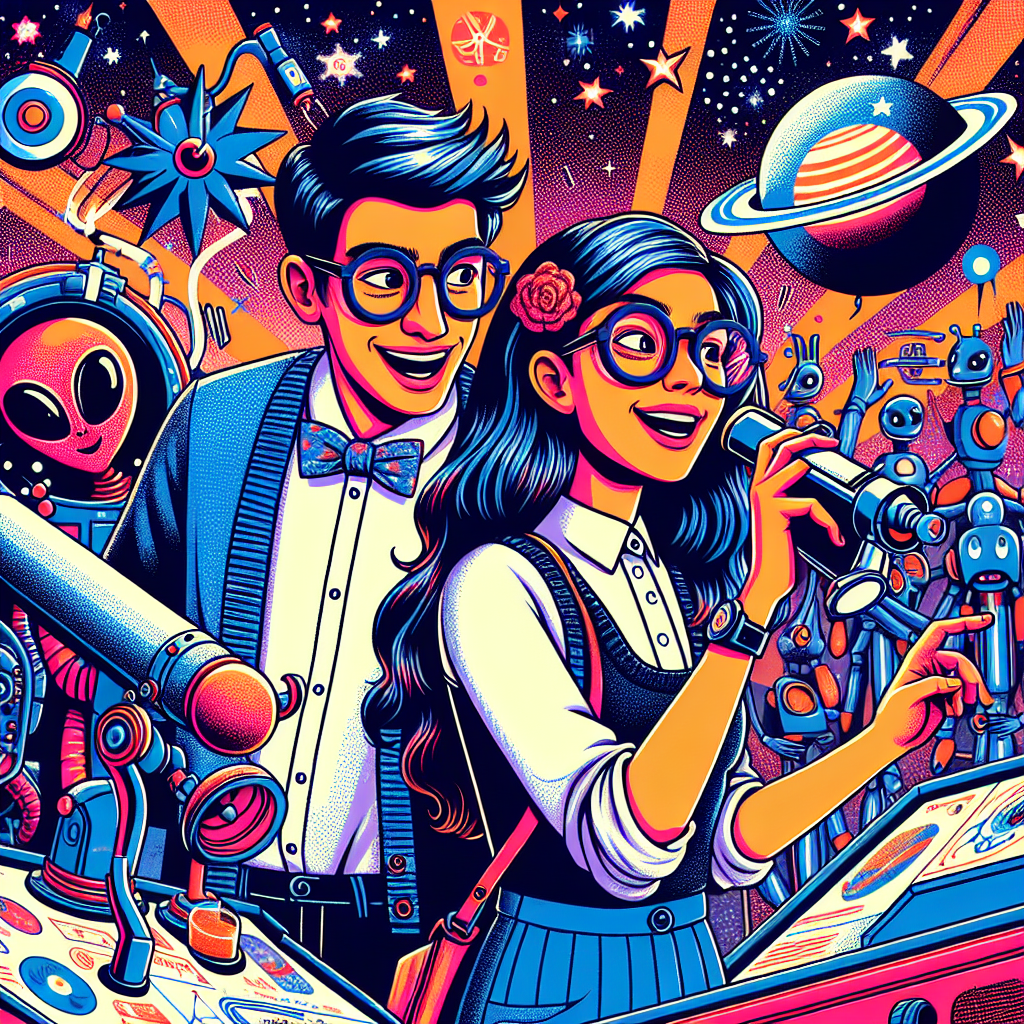 VALENTINES DAY NERDS LIVING IT UP A vibrant, colorful illustration of two young people in glasses and attire reminiscent of the early 20th century engaging with futuristic technology like robots or space gear amidst an array of stars, planets, and galaxies, all rendered in a detailed line art style with bright colors. The characters have joyful expressions as they interact with various scientific instruments, surrounded by a lively atmosphere filled with energy and excitement.