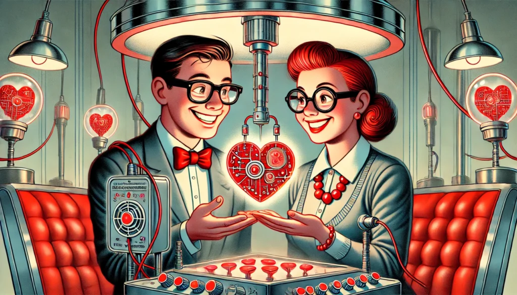 20250207 VALENTINES DAY NERDS GEEKS 3 A retro-futuristic illustration of an attractive young couple in love. They have red hair and glasses with black rims, surrounded by heart-shaped buttons on the table between them. They stand inside a futuristic Valentine's Day machine that is creating hearts out of electronic components. The room has comfortable seating for two people, and there are multiple glowing light bulbs hanging from the ceiling.