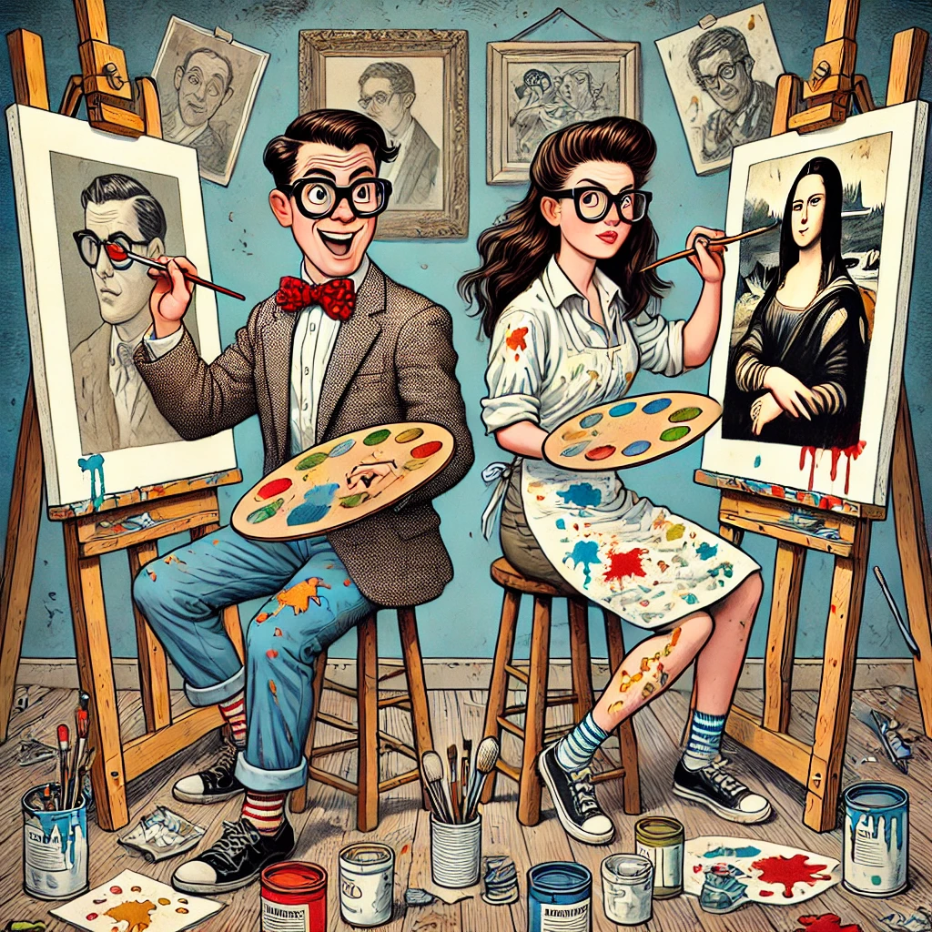 VALENTINE'S DAY CAN BE AN EXPERIENCE FOR NERDS A cartoon-style illustration of an artist couple painting on easels in their studio, surrounded by art supplies and framed portraits of famous works. The man is wearing glasses with red bow tie, holding paintbrushes, while the woman has long brown hair tied back into high pigtails. They both have colorful paints and brushes spread out before them. In background, two large canvases depicting Mona Lisa's portrait and Van Gogh’s Starry Night. Bright colors, playful atmosphere.