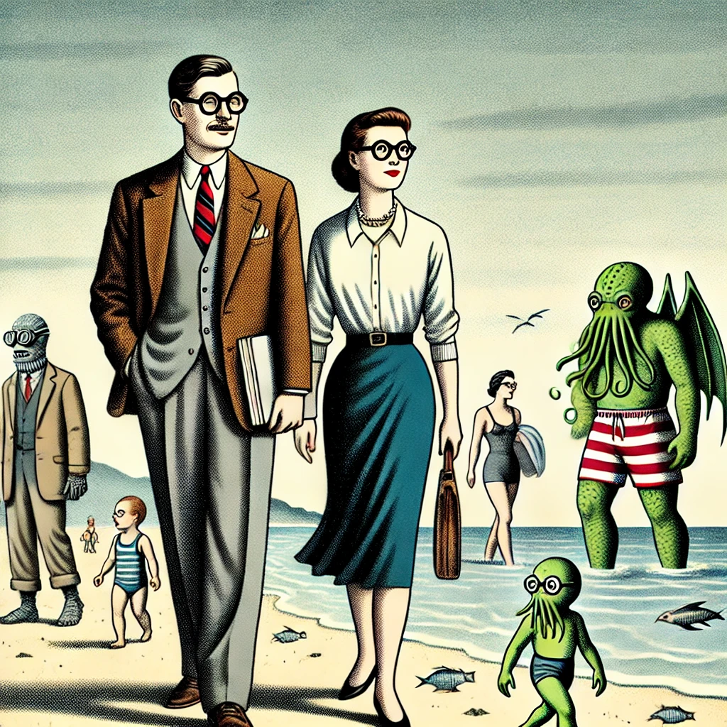 VALENTINE'S DAY WALK ON THE ELDRITCH HORROR BEACH 2 A woman in skirt suit and man with glasses walking on the beach, holding an office book case is accompanied by three people dressed as Cthulhu characters wearing red white striped swimming trunks, green skin creature carrying his daughter to swim, vintage illustration style, American comic style, American magazine cover design, full body shot, wide angle, high resolution, high detail, high quality, high contrast, hyper realistic, sharp focus, hyper detailed, hyper colorised